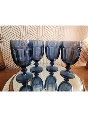 Vintage Set of 4 Libbey Blue Ribbed Goblet Glasses Water Wine Tumblers